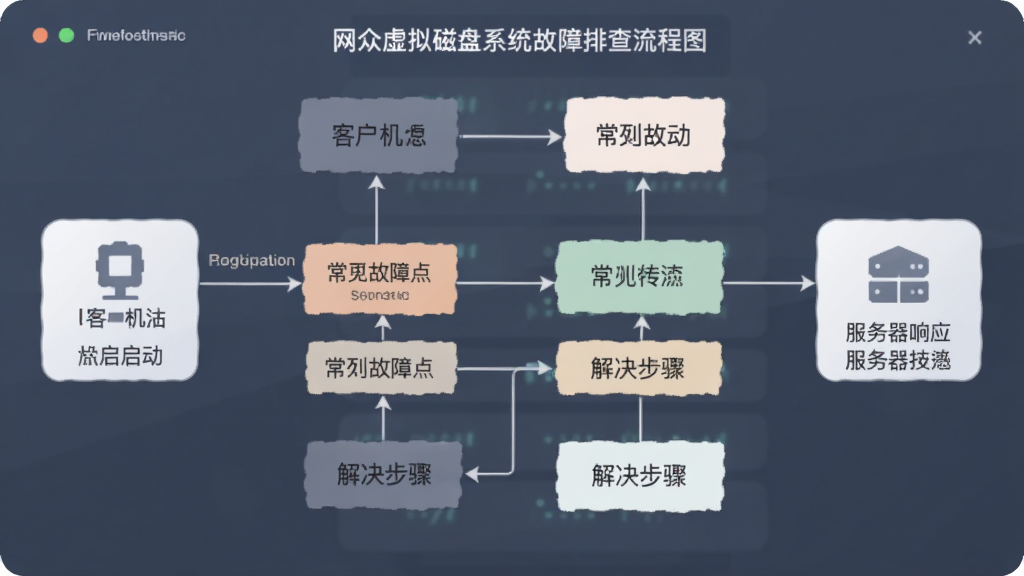 网众虚拟磁盘系统故障排查流程图,画面以信息图形式展示从客户机启动到服务器响应的完整链路,标注常见故障点与解决步骤,风格简洁明了,色彩柔和,画质清晰,干净无多余装饰