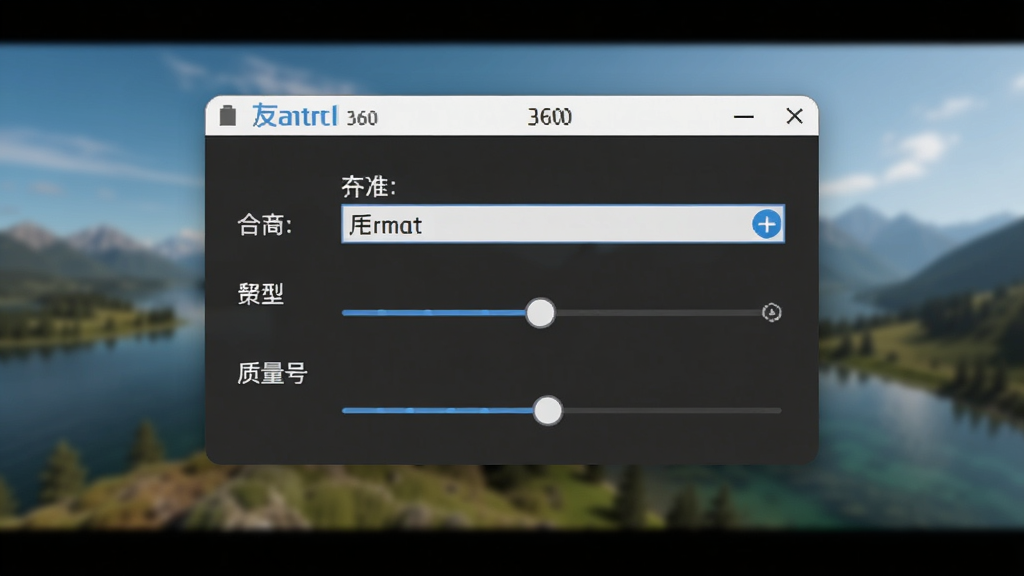 一张展示友立Cool 360导出设置窗口的图片,窗口内包含格式下拉菜单、分辨率滑块和质量调节选项,背景是模糊的全景图预览,整体排版整齐,风格简约,画质清晰,无多余元素。