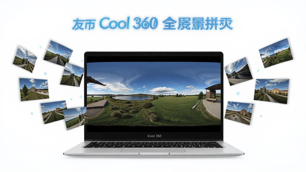 一张展示友立Cool 360全景拼接效果的宣传图,画面中央是一台打开的笔记本电脑,屏幕上显示着用多张风景照片拼接而成的360度全景图,周围环绕着分散的小照片飞向屏幕的动效,整体风格简洁明快,色调以蓝白为主,画质清晰干净,无多余元素。