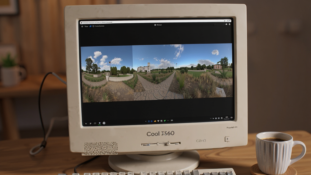 一张展示友立Cool 360在旧款台式电脑上流畅运行的场景图,屏幕上显示着全景拼接界面,电脑旁放着一杯咖啡,整体氛围轻松,风格生活化,画质清晰,无多余元素。
