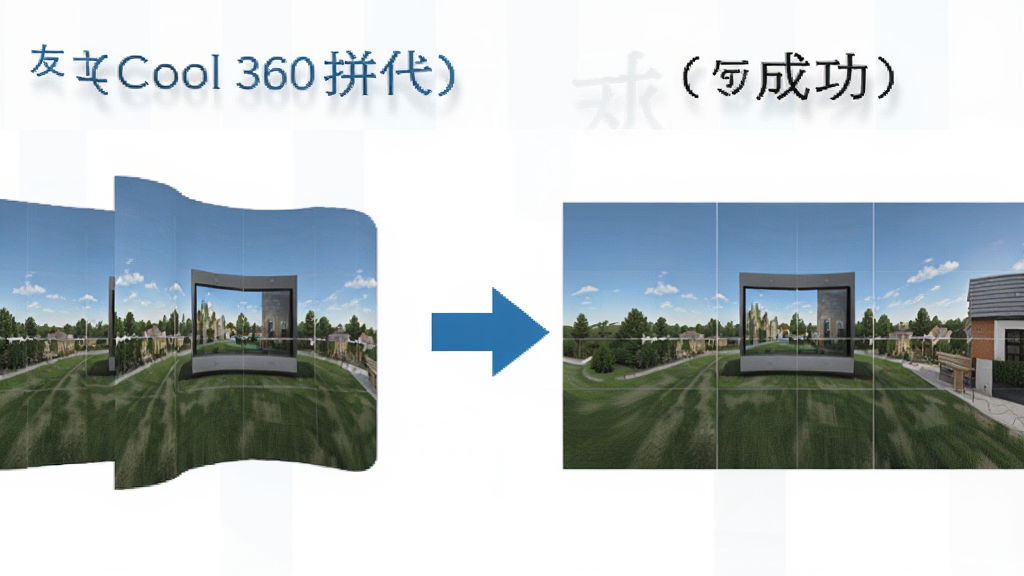 一张展示友立Cool 360拼接失败与成功对比的示意图,左侧是错位的全景图,右侧是完美拼接的全景图,中间用箭头连接,整体风格简洁,色调对比鲜明,画质清晰,无多余元素。