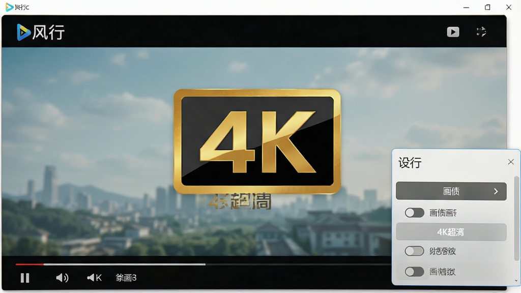 一张展示风行软件高清画质播放界面的预览图,画面主体是播放窗口与画质选择菜单,布局为全屏播放画面叠加右下角设置面板,排版简洁,风格为影院级视觉体验,细节上突出4K标识与画质切换选项,画质为4K超清,干净无多余元素,画面中带有“风行”文字