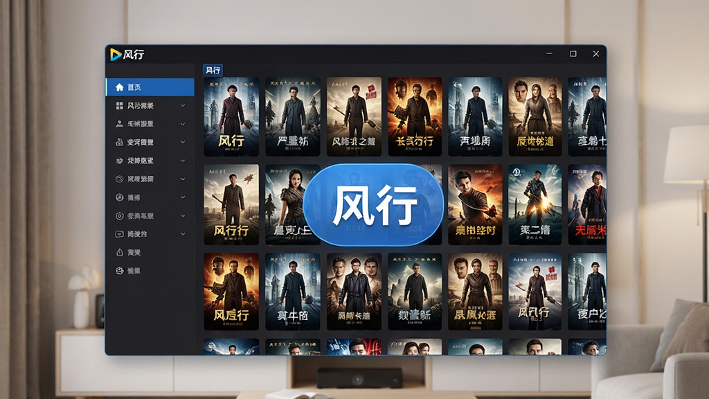 一张展示风行视频软件电脑端主界面的预览图,画面中央是软件窗口,窗口内呈现整齐排列的电影海报墙与左侧导航栏,主体为软件界面,布局居中对称,排版简洁清晰,风格为现代科技感与居家影音氛围结合,细节上突出高清画质与流畅播放按钮图标,画质为4K超清,干净无多余元素,画面中带有“风行”文字标识