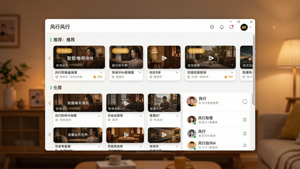 一张展示风行软件智能推荐首页的预览图,画面主体是软件窗口中的推荐卡片流,布局为横向滑动卡片加纵向列表,排版错落有致,风格为温暖舒适的居家影音风格,细节上突出个性化推荐标签与用户头像,画质为4K超清,干净无多余元素,画面中带有“风行”文字