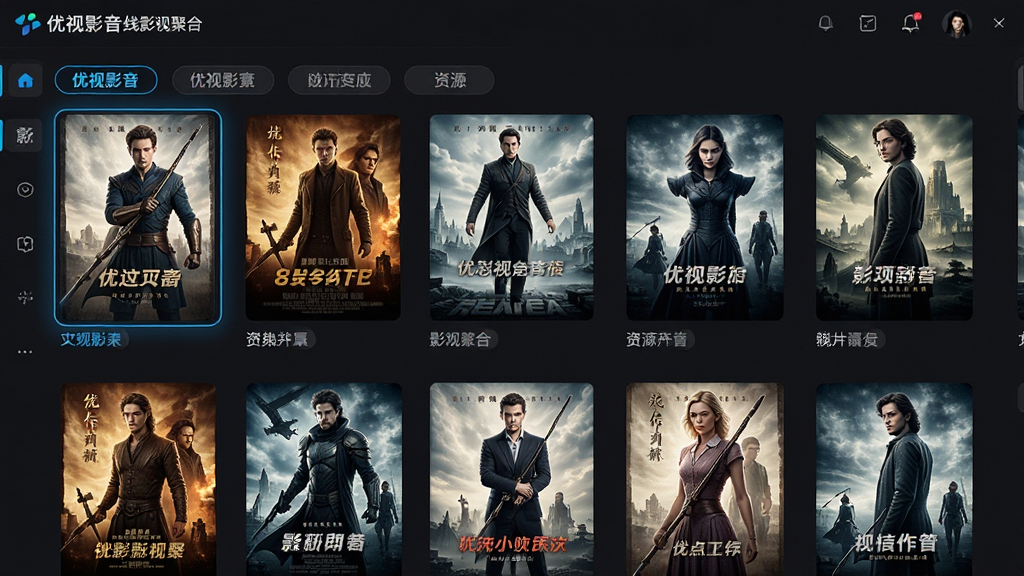 一张展示优视影音在线影视聚合功能的AI生图,画面主体是软件界面中的影视资源列表,包含多张电影海报缩略图,分类标签清晰可见,界面风格现代简约,色调以深色为主搭配亮色点缀,布局排版整齐,画质高清,干净,无多余元素