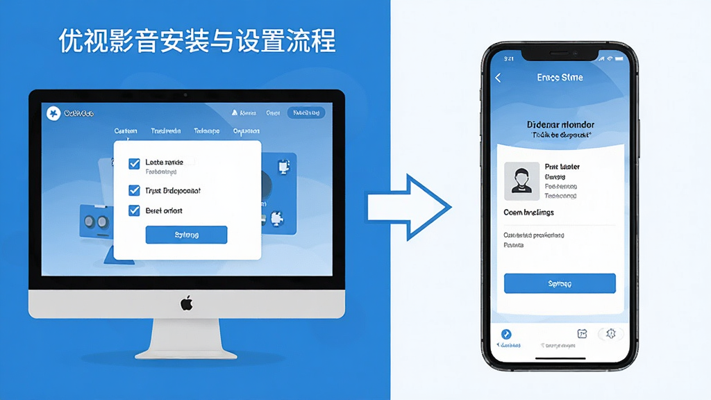 一张展示优视影音安装与设置流程的AI生图,画面分为左右两部分,左侧为电脑端安装界面,右侧为手机端权限设置界面,中间用箭头连接,风格扁平化信息图,色调以蓝色和白色为主,细节包含勾选框、按钮和提示图标,画质高清,干净,无多余元素