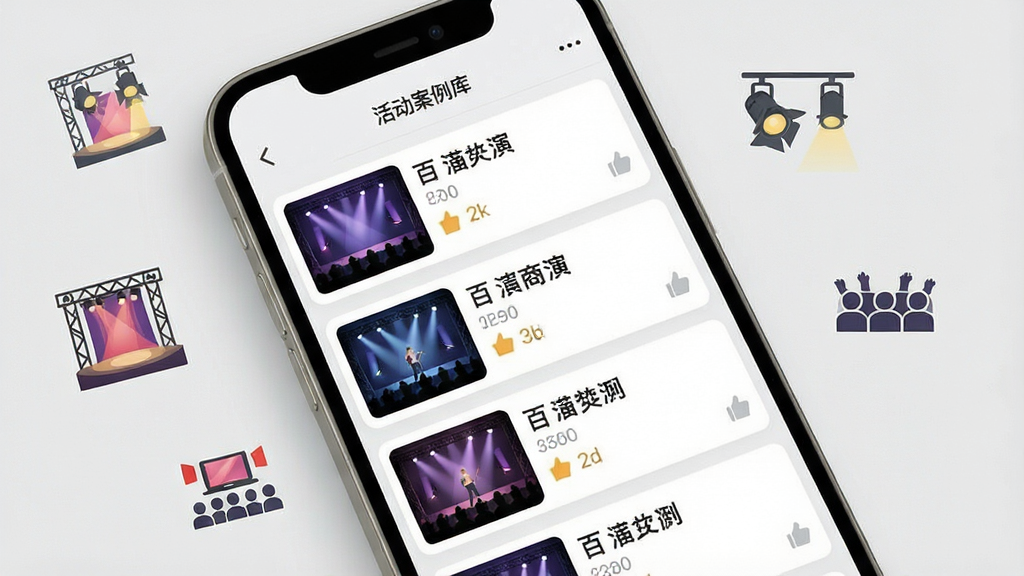 一张展示活动案例库的手机应用界面概念图,画面中手机屏幕内呈现百艺商演案例列表,每条案例包含缩略图、活动名称与点赞数,屏幕外散落着舞台、灯光、观众等小图标,整体采用浅灰质感风格,排版错落有致,细节丰富,画质干净,无多余元素。