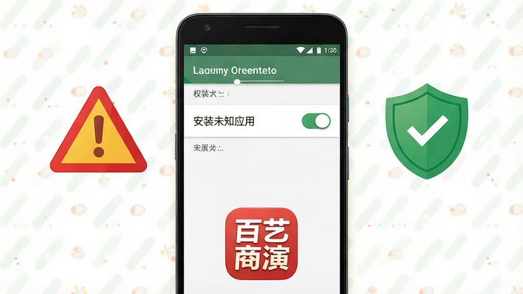一张展示手机安全设置界面的示意图,画面中央为安卓手机“安装未知应用”权限开关界面,旁边有红色警示三角图标与绿色盾牌图标对比,下方有百艺商演应用图标,整体风格简洁警示,色彩以红黄绿为主,构图居中,细节清晰,画质干净,无多余元素。