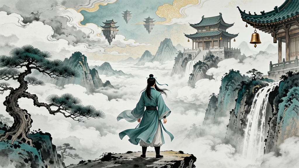 一幅国风水墨风格的仙侠场景画面,画面中央一位身着青衫的年轻修士背对观众站立于悬崖之巅,远处云海翻涌、群山叠嶂,天空中悬浮着几座古老宫殿,画面左侧有一棵苍劲古松,右侧瀑布飞流直下,整体色调以青绿、灰白、淡金为主,布局采用三分法构图,修士置于画面下方三分之一处,天空与云海占据上方大面积空间,风格为写意水墨与工笔细节结合,细节包括修士衣袂飘动、松针清晰可见、宫殿飞檐挂有铜铃,画质超清、干净、无多余元素,画面中不出现任何文字