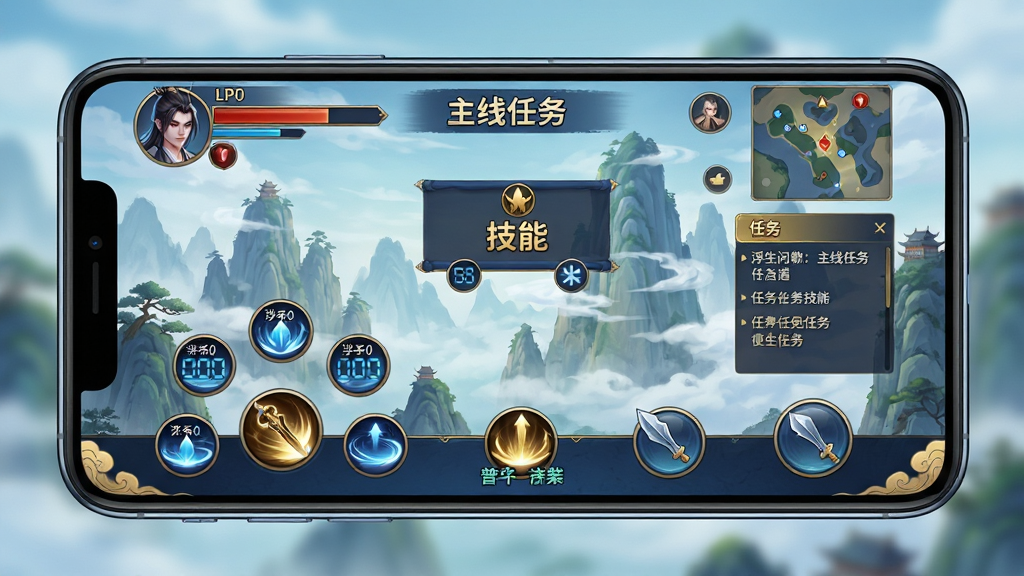浮生问道移动端操作界面示意图,画面展示一部智能手机横屏握持,屏幕内显示游戏主界面,包含左上角角色头像与血条、右上角小地图、底部技能轮盘与普攻按钮、右侧任务追踪栏,界面风格为国风UI,配色以深蓝与金色为主,布局清晰易辨识,细节包括技能图标带有冷却倒计时、任务栏文字清晰、背景为游戏内的仙山场景,画质高清、干净、无多余元素,画面中文字内容为“浮生问道”和“主线任务”“技能”