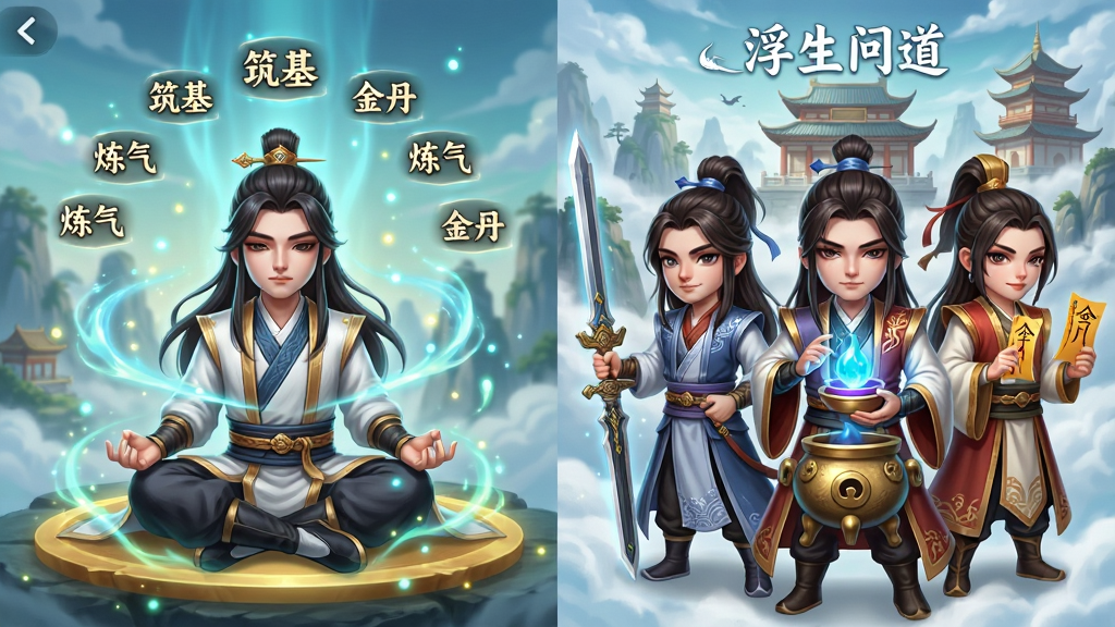浮生问道游戏界面截图风格插画,画面分为左右两部分,左侧展示一位修士盘膝打坐、周身灵气环绕,头顶悬浮着炼气、筑基、金丹等境界文字标识;右侧展示三位不同门派的修士并肩而立,分别手持长剑、丹炉和符,背景是云雾缭绕的仙山楼阁,整体风格为国风Q版与写实结合,色彩明亮清新,布局对称均衡,细节包括灵气光点飘散、法宝散发微光、门派服饰纹路清晰,画质高清、干净、无多余元素,画面中文字内容为“浮生问道”和“炼气”“筑基”“金丹”