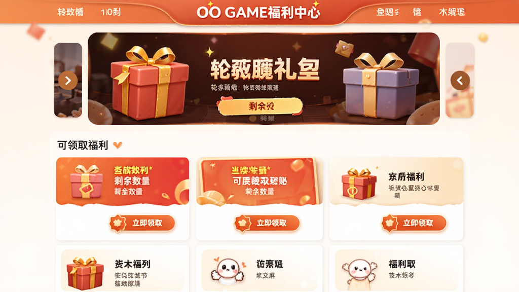主体是OO GAME福利中心页面,布局为上方轮播礼包横幅、下方列表展示可领取福利,排版层次分明,风格为暖色调促销风格,细节包括礼包图标、剩余数量、立即领取按钮,画质高清干净无多余元素