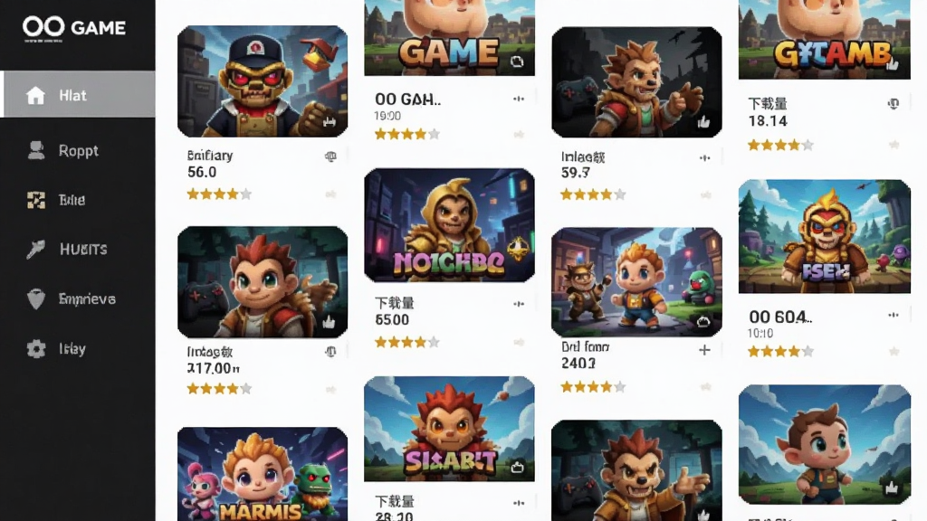 主体是OO GAME游戏分类页面,布局为左侧竖排分类导航、右侧游戏缩略图瀑布流,排版错落有致,风格为扁平化清新设计,细节包括各类游戏封面、下载量数字、星级评分,画质清晰干净无多余元素
