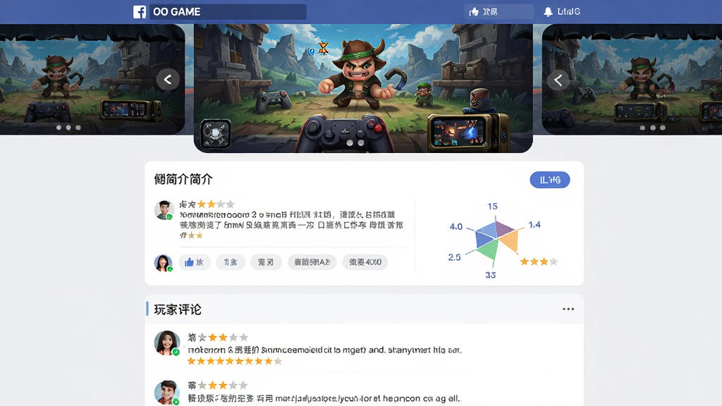 主体是OO GAME游戏详情页,布局为顶部游戏截图轮播、中部简介与标签、底部玩家评论列表,排版清晰有序,风格为社交化UI设计,细节包括评论头像、点赞按钮、评分分布图,画质干净无多余元素