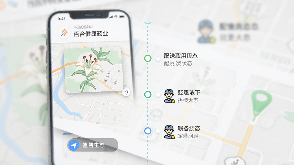 主体为百合健康药业App订单跟踪页面,布局为时间轴样式展示配送进度,排版纵向排列,风格简洁直观,细节包括地图小窗、配送员图标与状态文字,画质清晰,干净,无多余元素