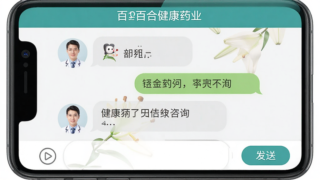 主体为百合健康药业App在线咨询界面,布局为聊天对话框样式,排版上下分布,风格亲切专业,细节包括药师头像、聊天气泡与发送按钮,画质清晰,干净,无多余元素