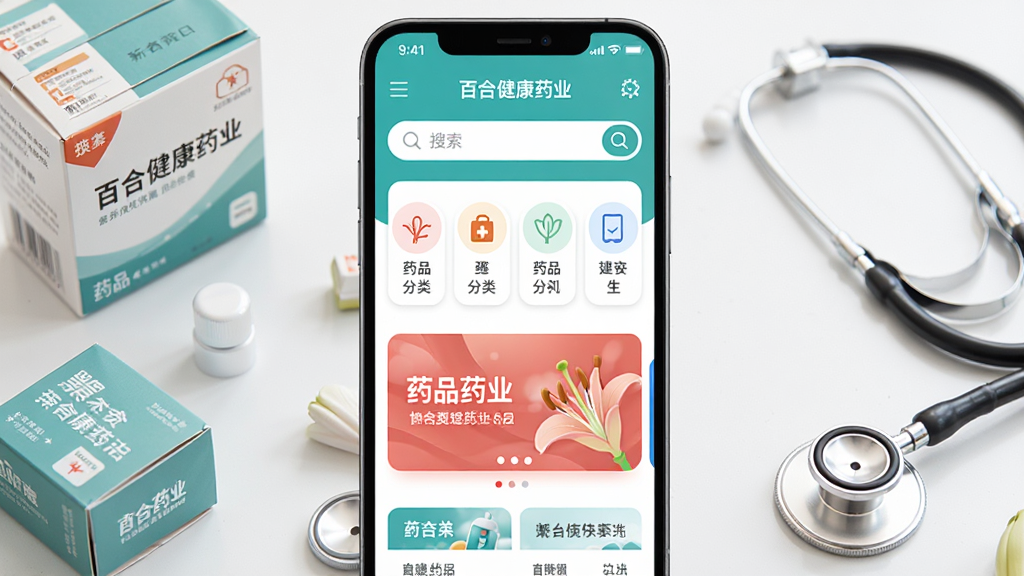 主体为一部智能手机,屏幕上显示百合健康药业App首页界面,布局包含搜索框、药品分类图标与banner图,排版居中,风格现代简洁,细节包括药盒、听诊器等健康元素点缀,画质清晰,干净,无多余元素