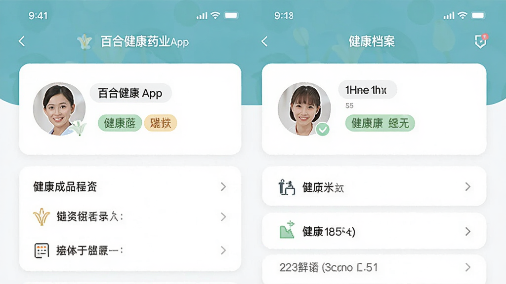 主体为百合健康药业App健康档案页面,布局为卡片式信息展示,排版分块清晰,风格温和舒适,细节包括家庭成员头像、健康标签与记录条目,画质清晰,干净,无多余元素