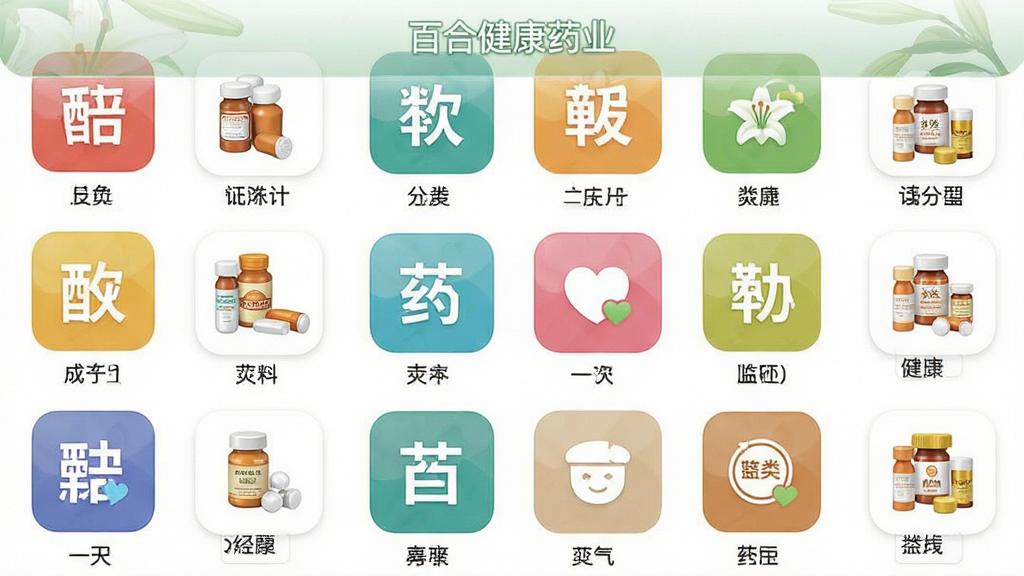 主体为百合健康药业App药品分类页面截图风格,布局为网格状分类图标排列,排版整齐,风格清新明快,细节包括彩色分类图标与药品小图,画质清晰,干净,无多余元素