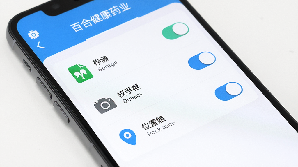 主体为手机屏幕展示百合健康药业App权限设置界面,布局为列表式权限开关,排版清晰,风格简洁,细节包括存储、相机、位置权限图标与开关按钮,画质清晰,干净,无多余元素