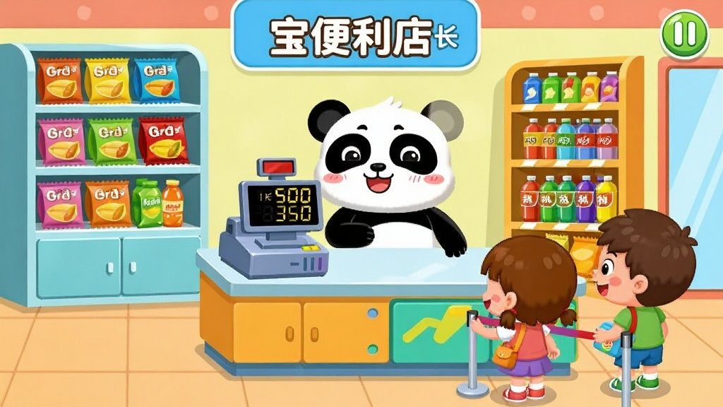 宝宝便利店长游戏主界面展示,画面中央是明亮的便利店柜台,货架上摆满零食饮料,收银机屏幕显示数字,卡通风格的熊猫店长站在柜台后微笑,周围有小朋友顾客排队,色彩鲜艳,布局清晰,风格为儿童早教卡通,细节丰富,画质干净,无多余元素