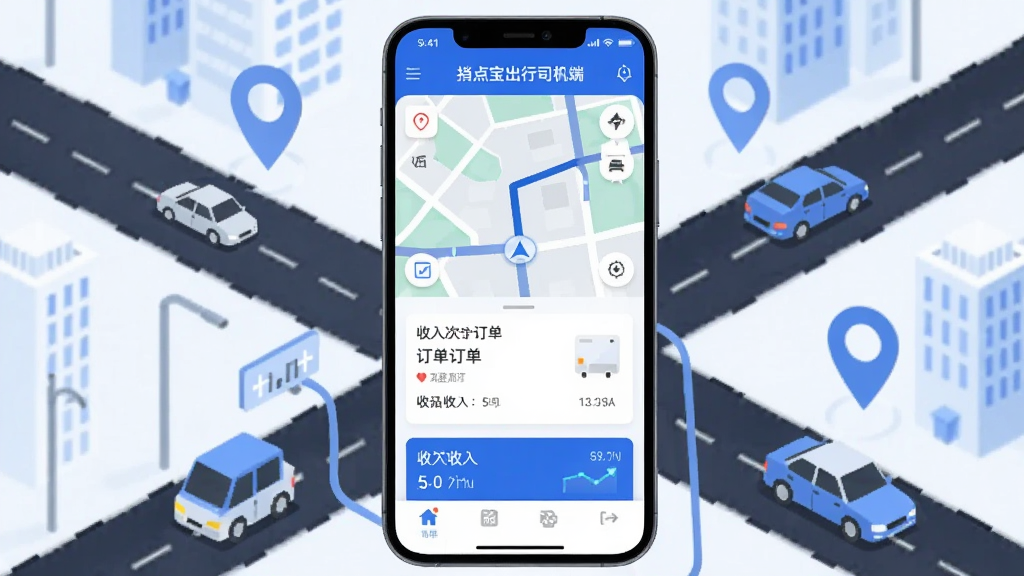 画面中央展示一部智能手机,屏幕上显示“捎点宝出行司机端”应用界面,界面包含地图导航、订单卡片和收入统计模块,手机周围环绕城市道路、汽车和定位图标等元素,整体采用扁平化科技风格,蓝色和白色为主色调,排版简洁清晰,细节丰富,画质高清干净,无多余元素