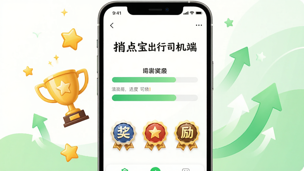 画面展示一个手机界面,显示“捎点宝出行司机端”的司机等级进度条和奖励徽章,周围有星星、奖杯和上升箭头元素,背景为简洁的白色和浅绿色,风格清新积极,排版居中,画质高清,无多余元素
