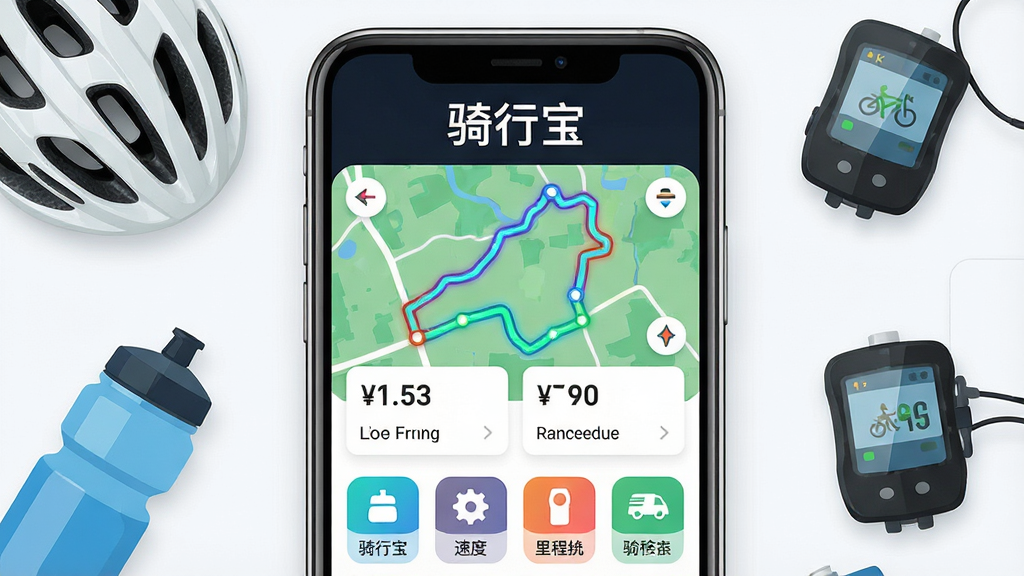 主体为一部智能手机屏幕显示骑行宝APP主界面,界面中展示骑行轨迹地图、速度数据与里程统计;布局为手机居中展示,周围环绕骑行头盔、水壶、码表等元素;排版为上下结构,上方为软件名称文字,下方为功能图标排列;风格为现代科技感扁平化设计;细节为地图路线用亮色高亮,数据卡片清晰可见;画质为高清4K,干净无多余元素,画面中文字为“骑行宝”。