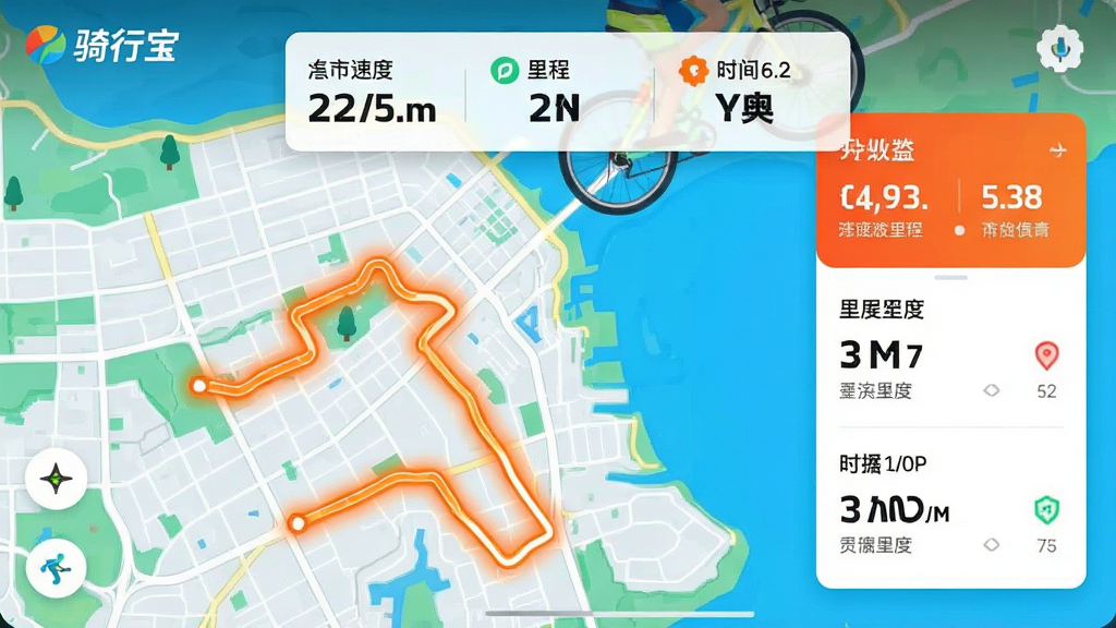 主体为骑行宝APP轨迹记录功能界面截图风格插画,画面中央展示一条蜿蜒的骑行路线图,路线以亮橙色高亮显示;布局为地图底图铺满背景,数据面板悬浮于上方;排版为左侧地图右侧数据卡片;风格为运动科技风,色彩鲜明;细节为速度、里程、时间三个数据模块清晰标注;画质为高清,干净整洁,画面中文字为“骑行宝”。