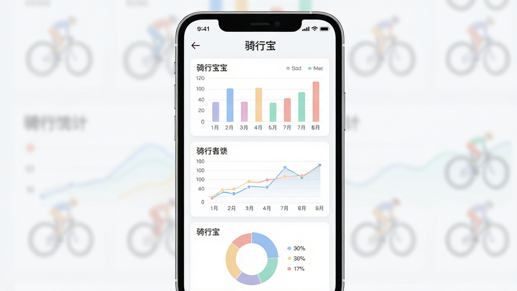 主体为骑行宝APP数据统计页面展示,画面中呈现柱状图、折线图与环形图组合;布局为三张数据卡片纵向排列于手机屏幕内;排版为上方标题下方图表;风格为清新简约的数据可视化风格;细节为图表颜色柔和,数字清晰可读;画质为高清,干净无多余元素,画面中文字为“骑行宝”。