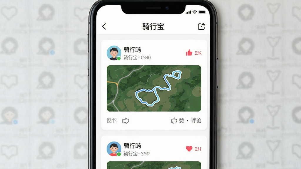 主体为骑行宝APP社区互动页面展示,画面中呈现骑友动态列表与点赞评论图标;布局为手机屏幕内信息流纵向排列;排版为顶部导航栏下方动态卡片;风格为社交应用常见的清爽卡片式设计;细节为头像、昵称、轨迹缩略图清晰可见;画质为高清,干净无多余元素,画面中文字为“骑行宝”。