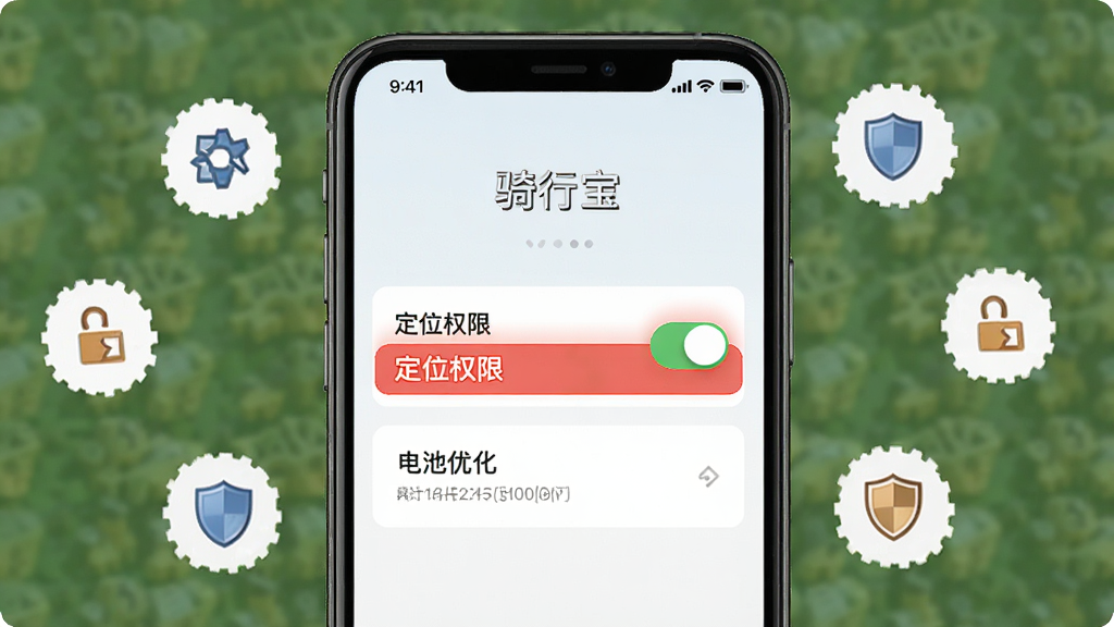 主体为手机屏幕展示骑行宝APP权限设置引导页面,画面中呈现定位权限开关与电池优化选项;布局为手机界面居中,周围环绕齿轮与盾牌小图标;排版为上方标题下方设置项列表;风格为简洁明了的工具类应用引导页风格;细节为红色高亮标注关键权限项;画质为高清,干净无多余元素,画面中文字为“骑行宝”。