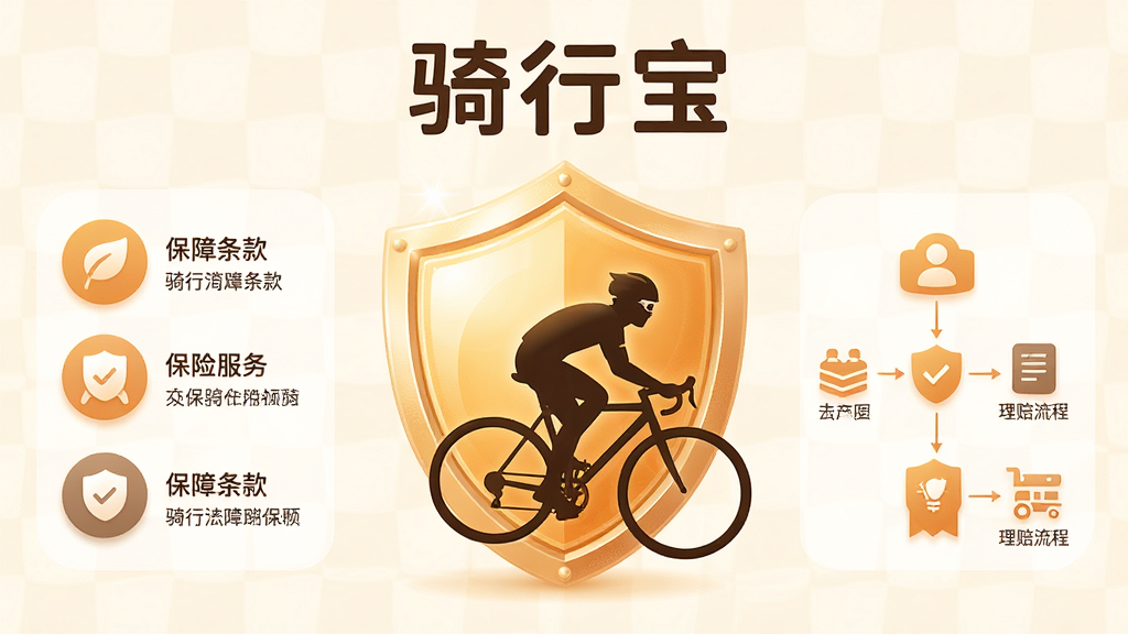 主体为骑行宝APP保险服务页面插画,画面中展示盾牌图标与骑行人物剪影;布局为盾牌居中,左右两侧分别为保障条款图标与理赔流程图;排版为上方标题下方双列信息;风格为安全守护主题的温暖色调;细节为盾牌光泽质感,图标简洁明了;画质为高清,干净整洁,画面中文字为“骑行宝”。
