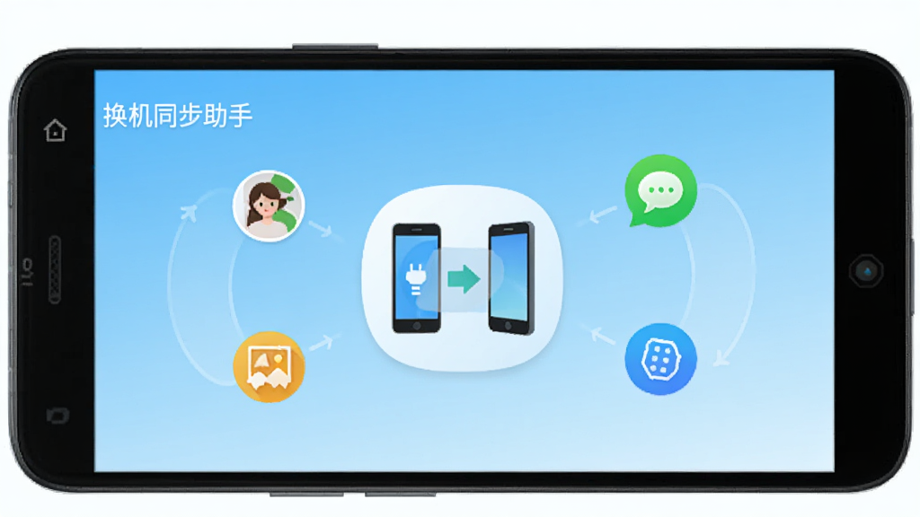 一部安卓手机屏幕显示换机同步助手应用界面,界面中央有手机对手机传输数据的动画图标,周围环绕联系人、照片、短信、应用等小图标,背景为简洁的浅蓝色渐变,整体风格清爽明亮,画质清晰干净,主体突出,无多余元素,手机屏幕文字显示“换机同步助手”