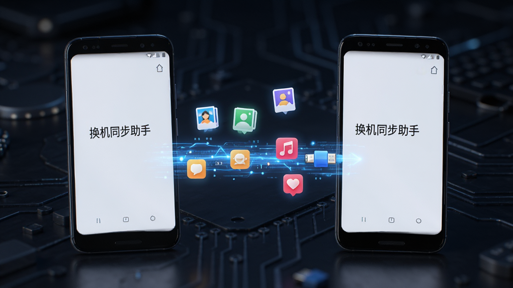 两部安卓手机并排摆放,屏幕之间有一条发光的蓝色数据流连接,数据流中漂浮着照片、联系人、音乐等图标,背景为深色科技感风格,光线柔和,画质高清,主体为两部手机和传输中的数据图标,画面干净整洁,无多余装饰,手机屏幕显示“换机同步助手”字样