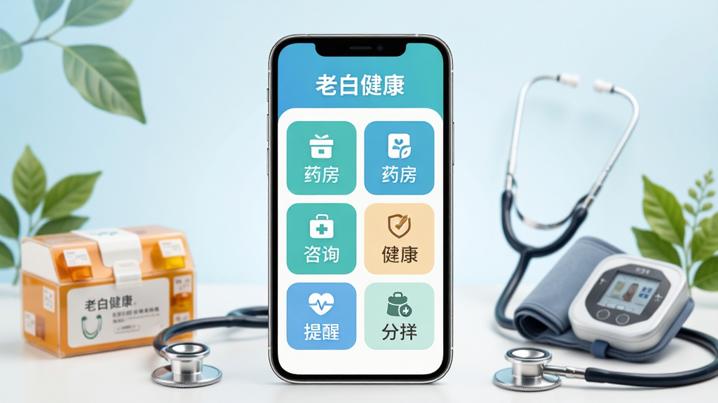 画面中央放置一部竖屏智能手机,手机屏幕中显示“老白健康”应用首页界面,界面包含药房分类、健康咨询、用药提醒等模块,手机周围环绕药盒、听诊器、血压计、绿叶等健康元素,背景为浅蓝与白色渐变,整体布局居中对称,风格简洁清新偏医疗健康类App宣传图,细节上手机边框圆润、屏幕内容清晰、图标排列整齐,画质高清,干净,无多余元素