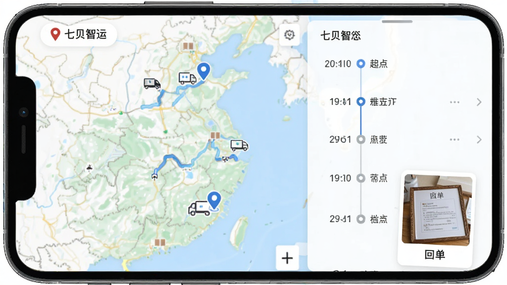 主体为手机界面展示运输轨迹地图与节点时间轴,布局为左侧地图路线、右侧状态列表,排版为左右分栏,风格为简约商务风,细节包括起点终点标记、卡车图标、时间节点、回单照片缩略图,画质高清,干净,无多余元素,界面中文字包含“七贝智运”