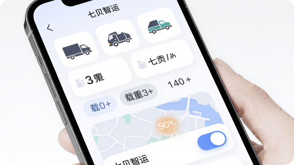 主体为手机界面展示车型选择与线路偏好设置页,布局为上方车辆图标、下方标签选项,排版为卡片式布局,风格为柔和圆角风,细节包括货车轮廓、载重数字、地图区域高亮、开关按钮,画质高清,干净,无多余元素,界面中文字包含“七贝智运”