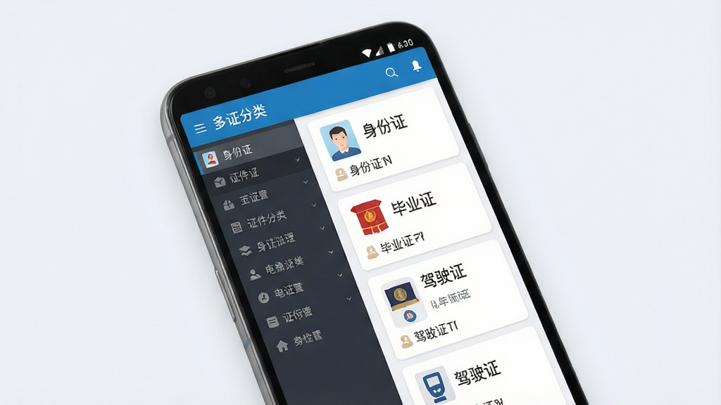 一张展示电子证件存档多类型证件管理功能的图片,画面主体是一部安卓手机,手机屏幕内显示电子证件存档应用的多证件分类管理界面,左侧是证件分类导航栏,右侧是证件卡片列表,卡片上有“身份证”“毕业证”“驾驶证”等文字标签,背景为柔和的浅灰白色,布局采用左右分栏排版,风格偏向商务简约,细节上突出卡片间距均匀和图标清晰,画质干净无杂乱元素