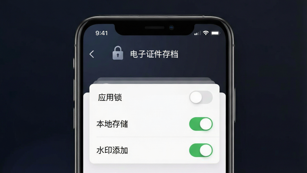一张展示电子证件存档本地加密与隐私保护功能的图片,画面主体是一部手机屏幕,屏幕内显示电子证件存档应用的安全设置界面,界面上有“应用锁”“本地存储”“水印添加”等选项开关,背景为深色系渐变,布局采用上下层次排版,风格沉稳安全,细节上突出锁形图标和开关状态,画质干净无多余装饰