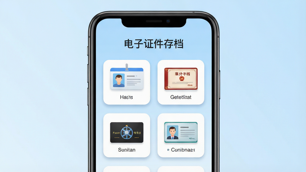 一张展示电子证件存档软件主界面的图片,画面中央是手机屏幕,屏幕内显示电子证件存档应用的首页布局,顶部有软件名称“电子证件存档”字样,下方整齐排列身份证、毕业证、驾驶证等证件卡片图标,背景为干净的浅蓝色渐变,整体风格简洁清爽,布局采用居中对称排版,细节上突出卡片圆角和阴影质感,画质清晰干净,无多余元素