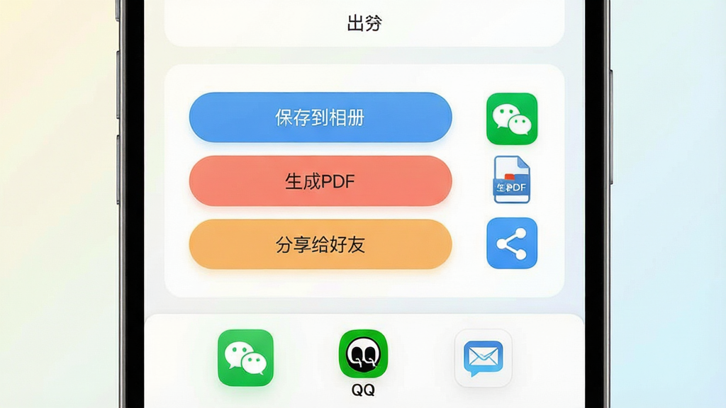一张展示电子证件存档一键导出与便捷分享功能的图片,画面中一部手机屏幕显示电子证件存档应用的导出分享界面,屏幕上有“保存到相册”“生成PDF”“分享给好友”等按钮,旁边有微信、QQ、邮件等分享渠道图标,背景为明亮的浅色渐变,布局采用底部操作栏加中部内容区排版,风格清新便捷,细节上突出按钮的圆润质感和图标辨识度,画质干净整洁