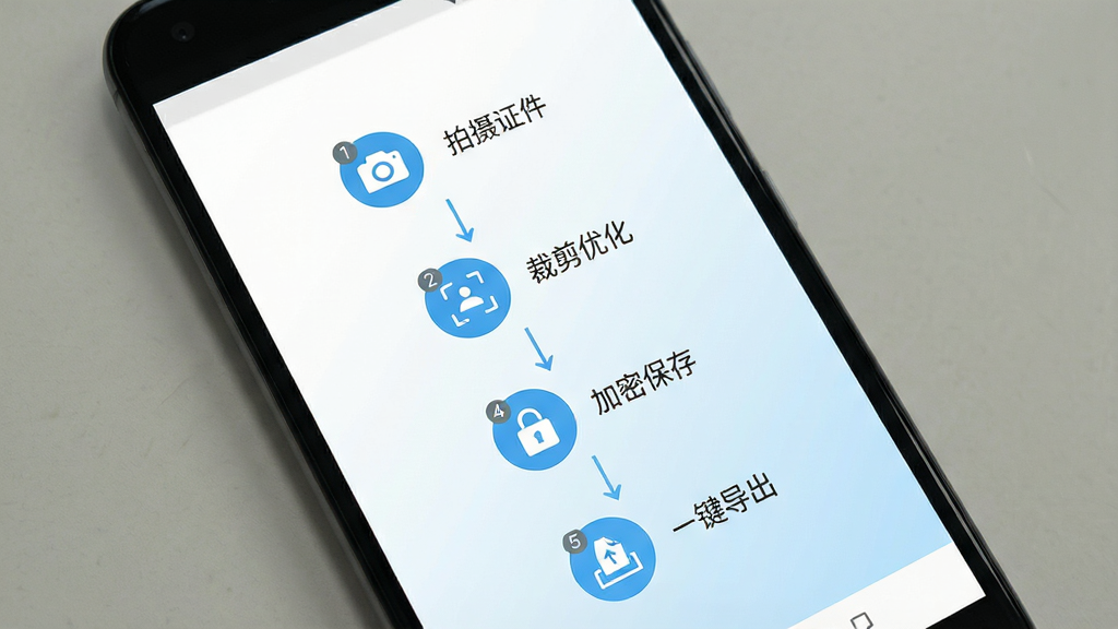 一张展示电子证件存档新手操作流程的图片,画面中一部安卓手机屏幕显示电子证件存档应用的新手引导页面,页面上有“拍摄证件”“裁剪优化”“加密保存”“一键导出”四个步骤图标,背景为干净的白色到浅蓝色渐变,布局采用垂直步骤条排版,风格清新易读,细节上突出步骤编号和图标的一致性,画质清晰干净无多余元素