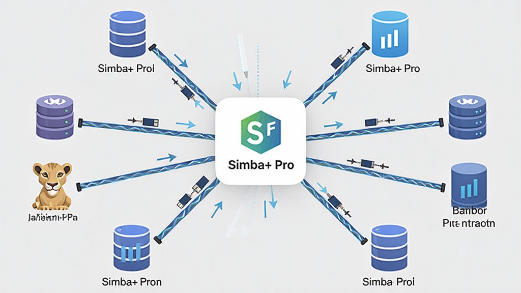 一张展示 Simba+ Pro 多数据库连接拓扑结构的示意图,画面中心是