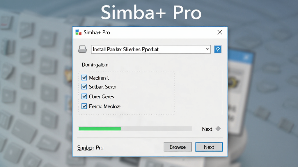 一张展示 Simba+ Pro 安装向导界面的截图,画面中央是安装窗口,显示安装路径选择和组件勾选选项,屏幕上方标注