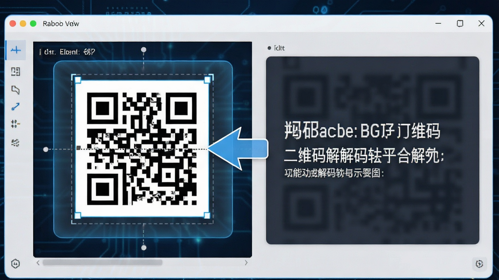 MBarcode二维码生成解码软件解码功能示意图,画面展示软件界面中一张二维码图片被拖入解码区域,右侧显示解码出的文字内容,界面干净整洁,风格科技感十足,画质清晰