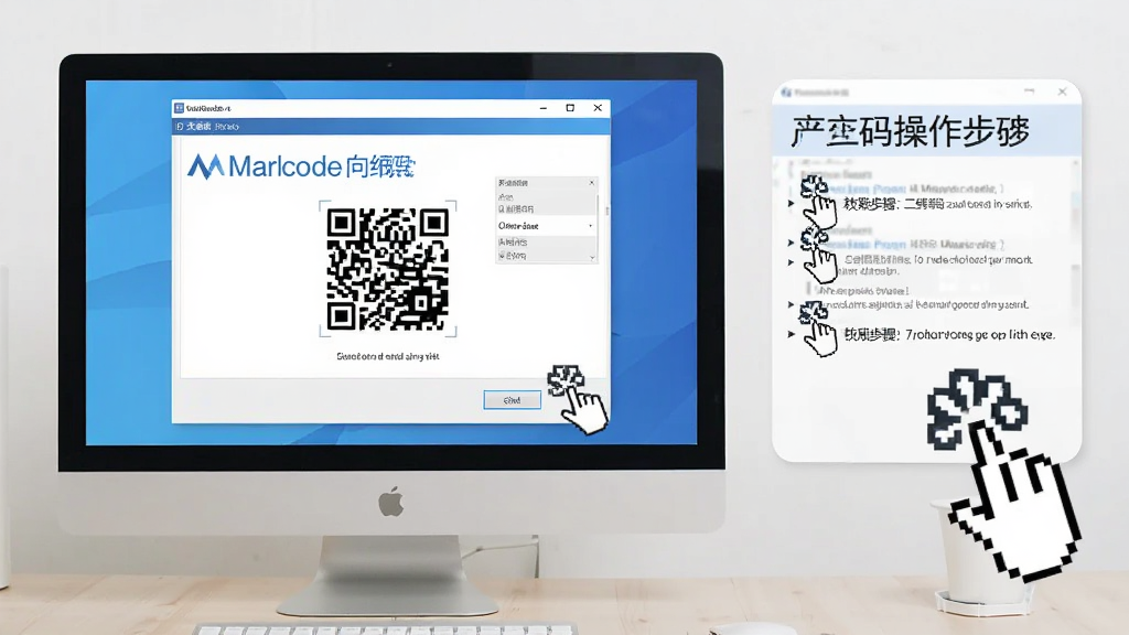 MBarcode二维码生成解码软件操作教程示意图,画面中显示电脑屏幕上的软件安装向导界面和操作步骤提示,旁边有鼠标点击图标,背景简洁,风格教学演示,画质清晰干净
