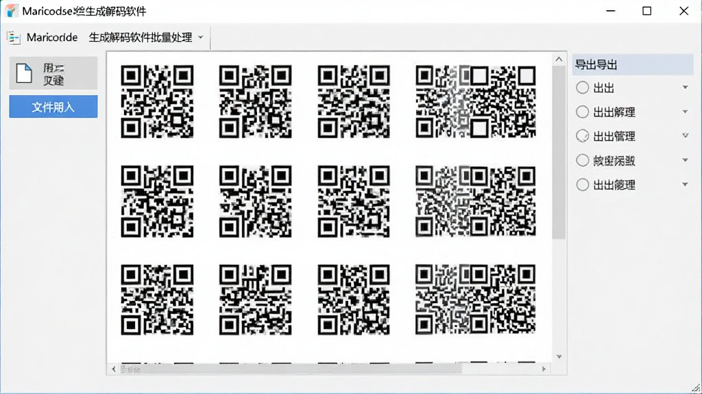 MBarcode二维码生成解码软件批量处理界面截图,画面中软件窗口内显示多个二维码缩略图排列整齐,左侧有文件导入按钮,右侧有导出选项,整体布局清晰,风格专业,画质干净