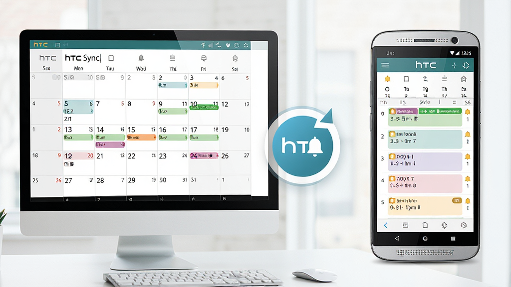 HTC Sync 日历同步功能展示,画面左侧为电脑日历月视图,右侧为手机日历日程列表,中间以同步图标相连,布局清晰,风格为清新办公风,细节包含彩色日程标签与提醒铃铛图标,画质清晰,干净,无多余元素