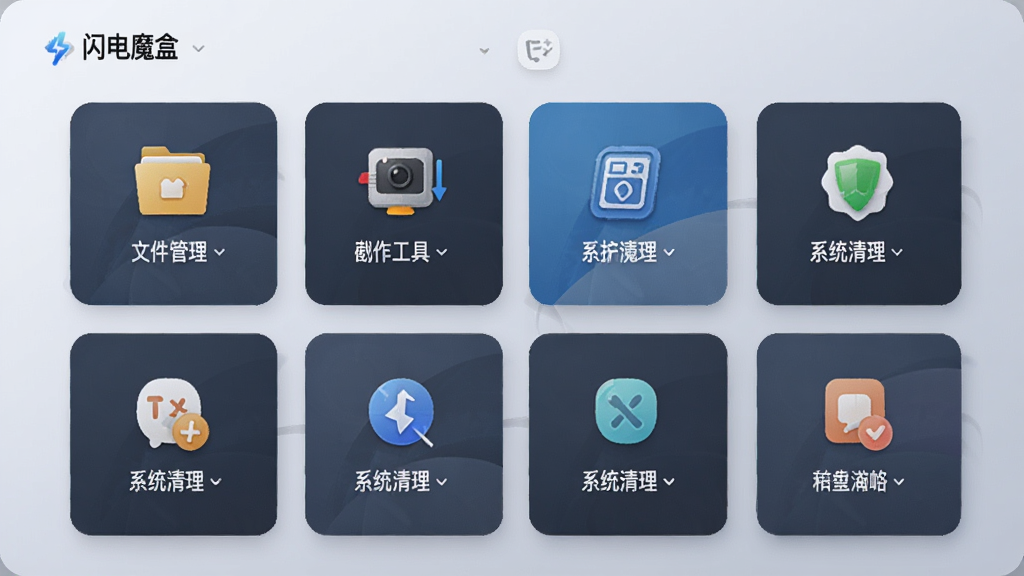 软件功能模块展示界面,「闪电魔盒」多个工具卡片整齐排列在屏幕上,包含文件管理、截图工具、系统清理等图标,背景为浅灰色渐变,风格清爽商务,细节清晰,画质高清,干净,无多余元素
